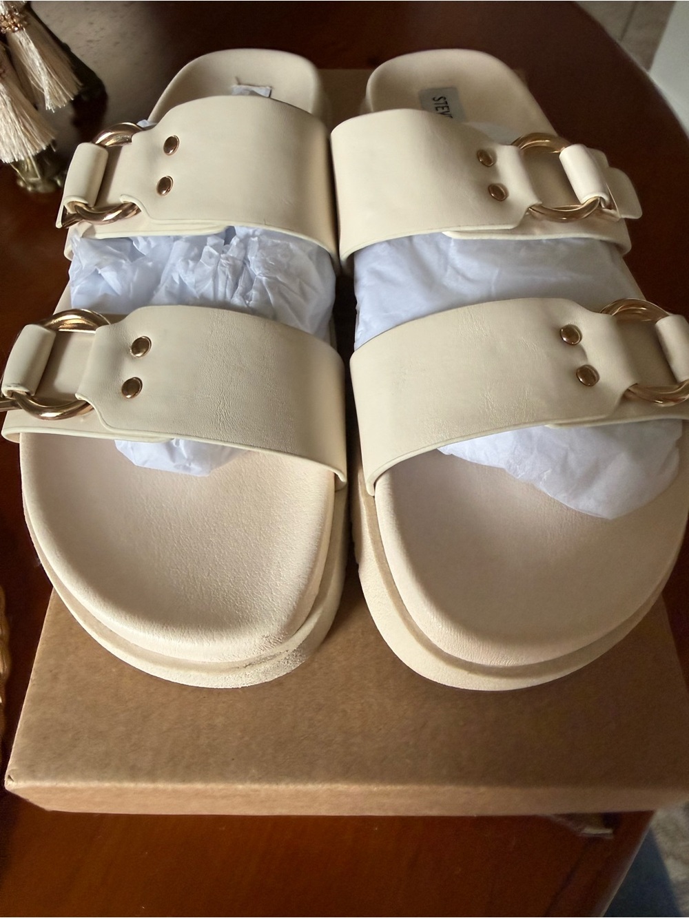 Steve Madden Cream Double Strap Slide Sandals with Gold Buckle